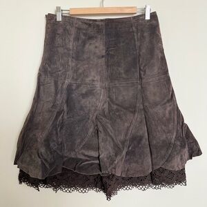 Odille Chocolate Brown Suede-Effect A-Line Skirt with Crochet Trim